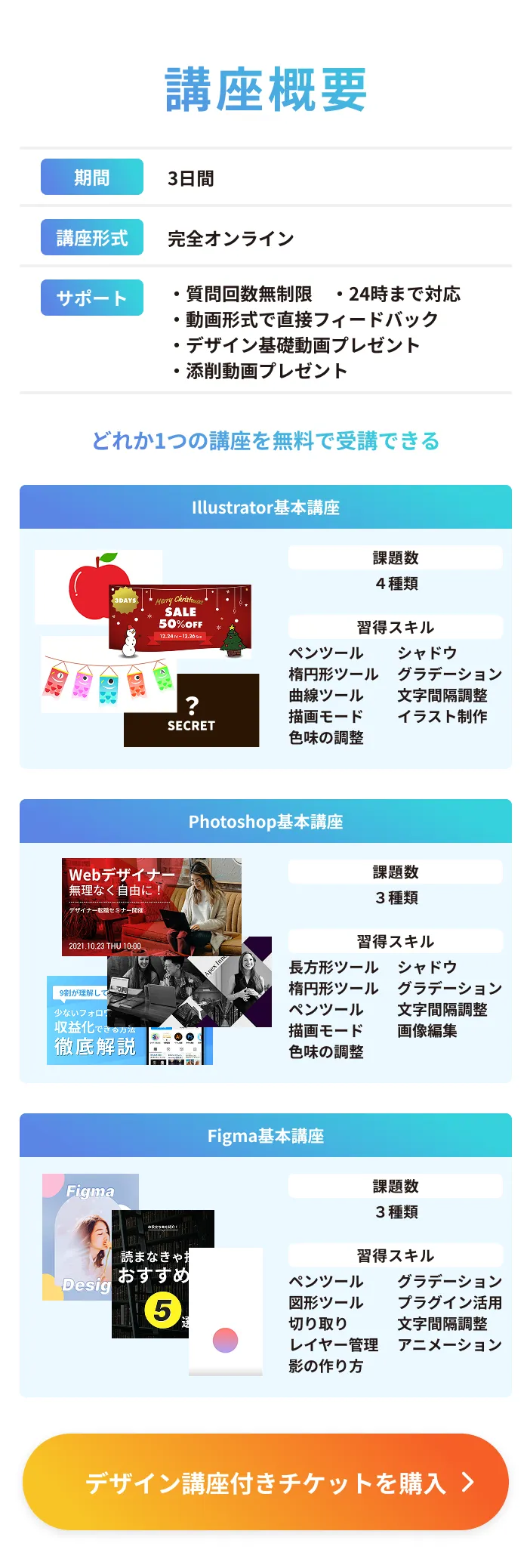 Illustrator基本講座・Photohsop基本講座・Figma基本講座どれか1つを無料で受講できる