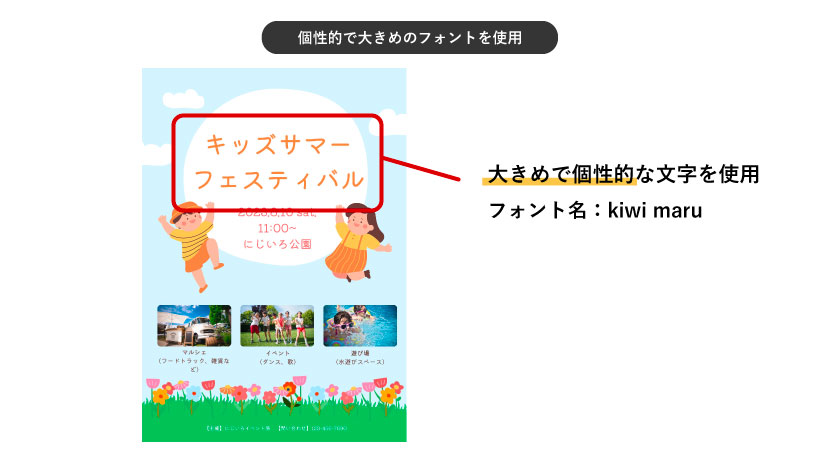 個性的で大きめな文字を使うことで子供らしさを出す